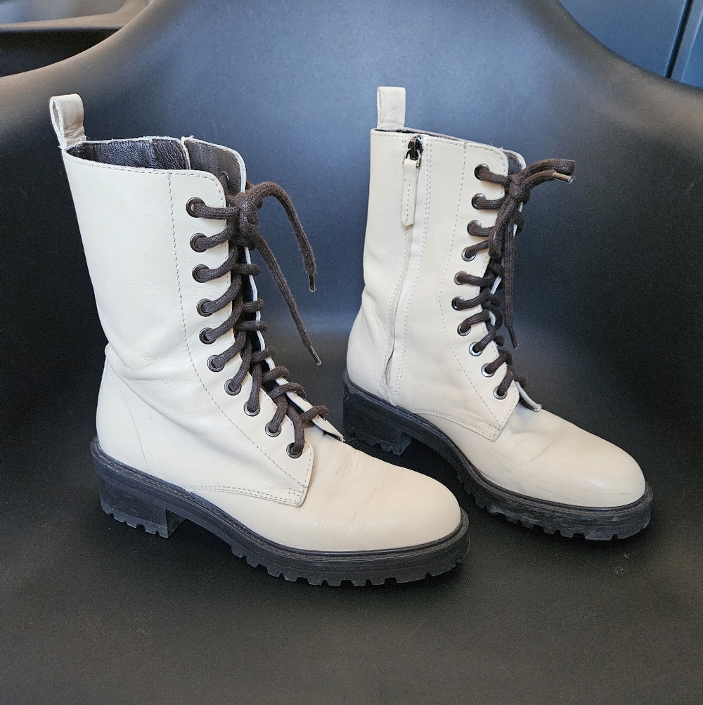 White / Ivory Leather Combat Boots - Picture 4 of 12